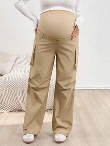 SHEIN 孕妇纯色翻盖口袋直筒工装裤