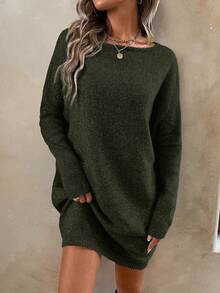 EMERY ROSE 女士休闲度假纯色圆领长袖毛衣连衣裙，秋冬季 - 綠色 - 查看 6