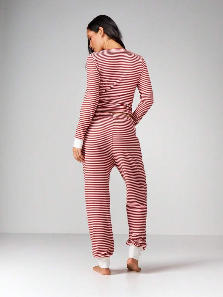 MISSGUIDED Striped Lounge Set Long Sleeve Henley Pajama Drawstring Pants Ribbed Cuffs Cozy Sleepwear