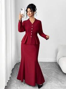 Elenzga 大码女式两件套收腰喇叭鱼尾裙优雅淑女套装，休闲两件套新款收腰 A 字型纽扣衬衫和裙子，适合返校、毕业典礼、情人节、音乐节、母亲节、万圣节、感恩节、复活节、国庆节、联欢晚会、约会派对、婚礼季、户外旅行 - 酒紅色 - 查看 4
