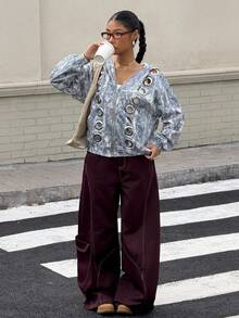 Muchica 感恩节酒红色梭织阔腿裤，女士款，撞色滚边，时尚百搭 - 酒紅色 - 查看 3