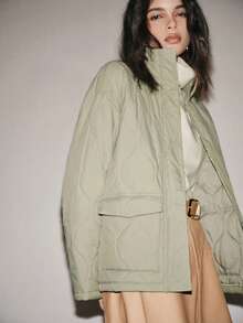 Lumivelle 女士常规版型秋冬绗缝浅肩3D葫芦花优雅浅绿色假日外套，宽松休闲通勤百搭绗缝大衣