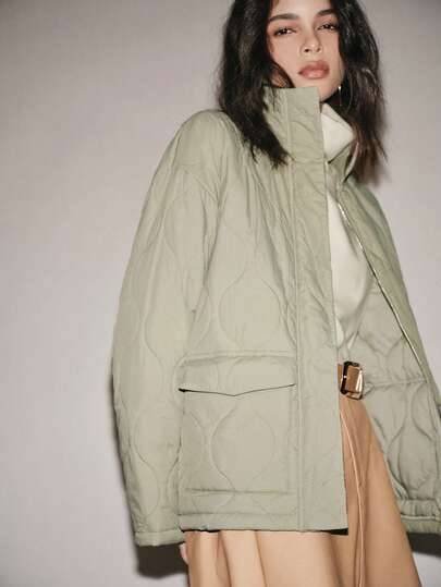 Lumivelle 女士常规版型秋冬绗缝浅肩3D葫芦花优雅浅绿色假日外套，宽松休闲通勤百搭绗缝大衣