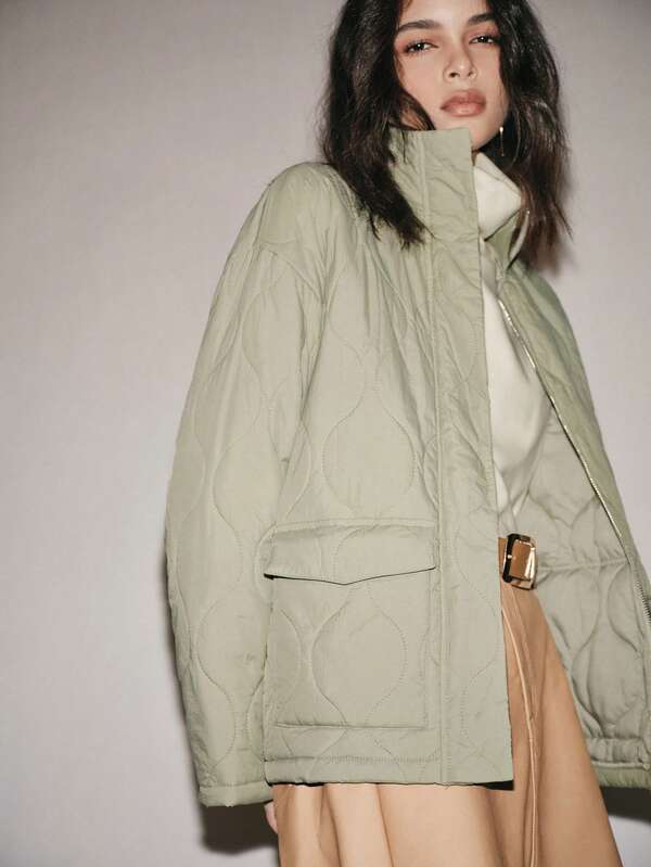 Lumivelle 女士常规版型秋冬绗缝浅肩3D葫芦花优雅浅绿色假日外套，宽松休闲通勤百搭绗缝大衣