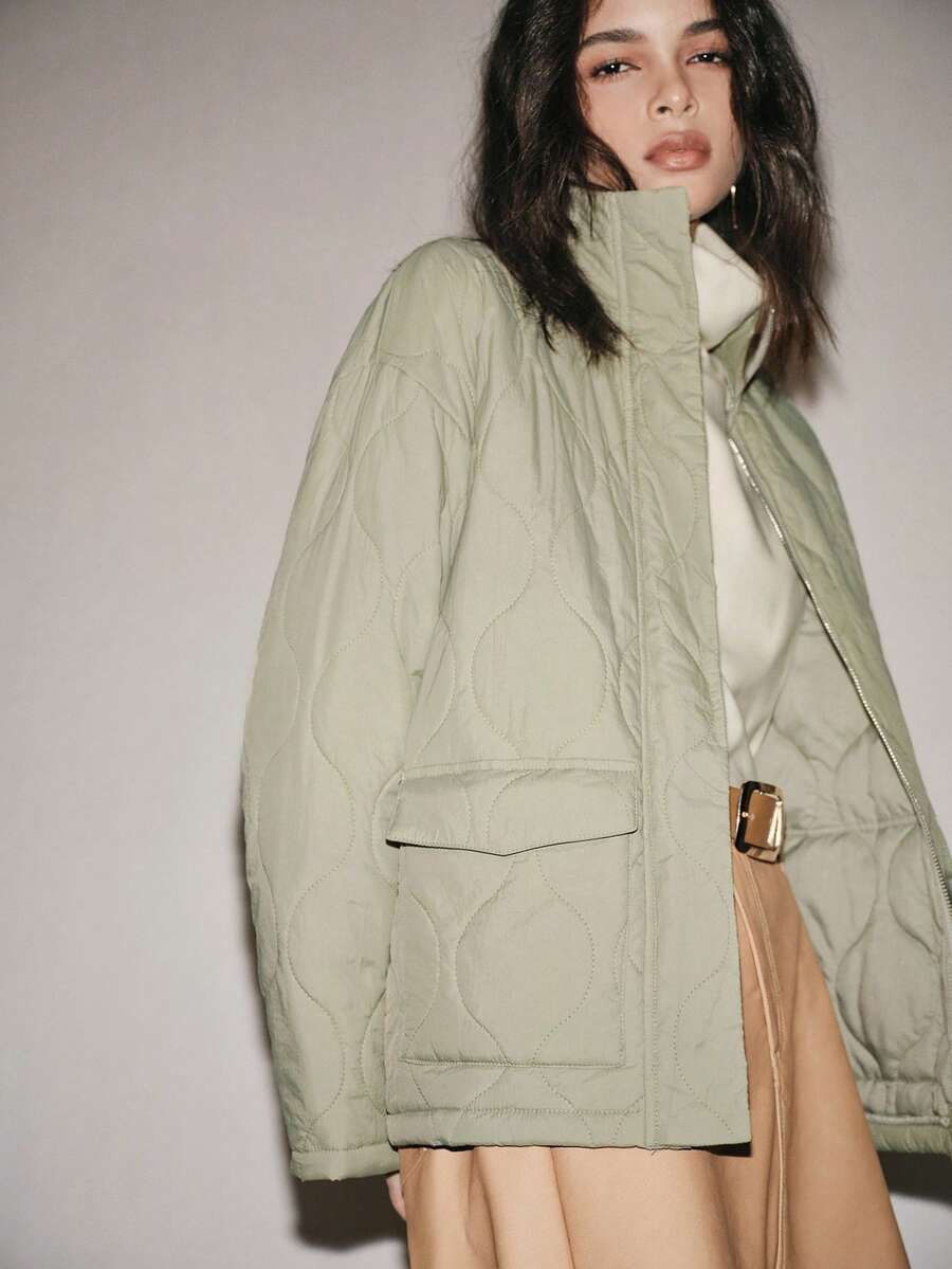 Lumivelle 女士常规版型秋冬绗缝浅肩3D葫芦花优雅浅绿色假日外套，宽松休闲通勤百搭绗缝大衣