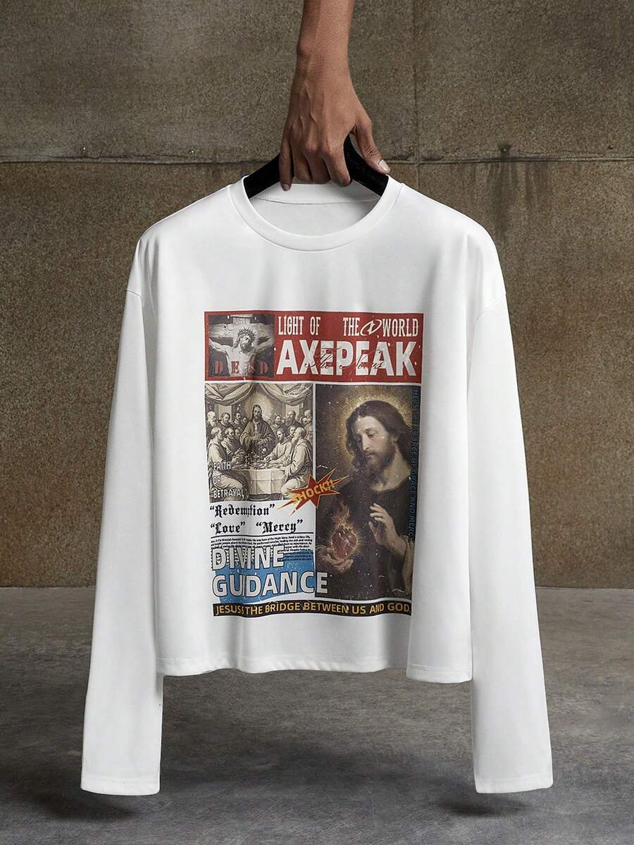 AXEPEAK 男士休闲时尚街头风长袖T恤 - 白色 - 查看 1