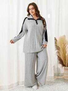 Lacomfia 2pcs Plus Size Women Fleece Patchwork Contrast Color Knitted Top And Pants Set, Autumn/Winter - Light Grey - View 6