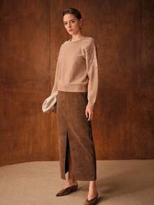 MOTF PREMIUM SEQUINS BEADED FLORAL KNIT RAGLAN SLEEVE SWEATER - Khaki - View 6