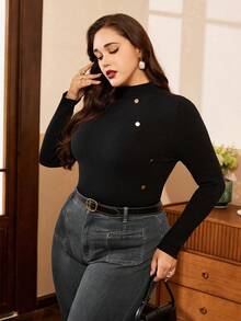 SHEIN Clasi Plus Size Women's Solid Color Stand Collar Button Design Fitted Sweater, Autumn/Winter - Black - View 1