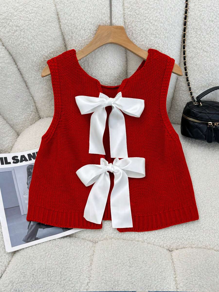 Elamini 秋季休闲系带针织背心 - 紅色 - 查看 1