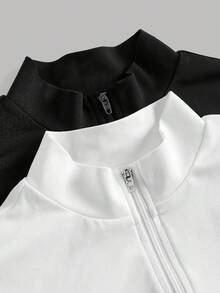 SHEIN Teen Girl Knight Print Long Sleeve Zip Collar Fitted T-Shirt - Black and White - View 3