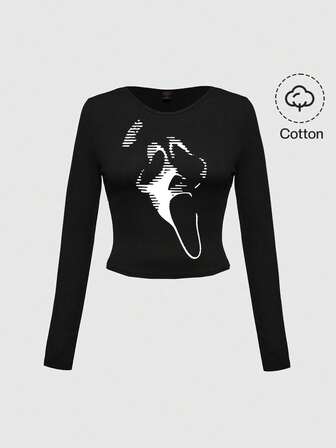 T-shirt moulant noir pour femmes, style gothique, punk, goth, horreur, mort, crâne, mystérieux