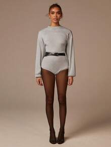 Athîral Women's Autumn Casual Everyday Grey Bodysuit Top,Long Sleeve Dropped Shoulder Loose Lantern Sleeve,Back Half Button Closure Body Suit,Fitted - Light Grey - View 5