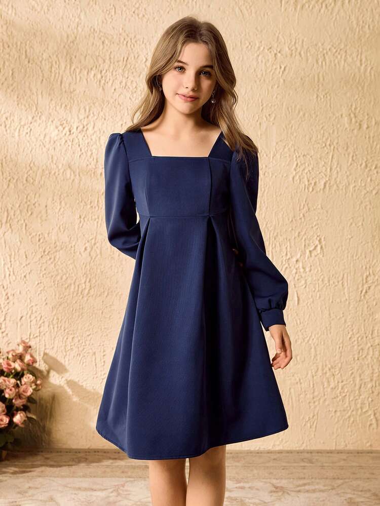 少女优雅简约时尚方领长袖高腰短款纯色连衣裙，藏蓝色，休闲日常连衣裙，四季皆宜 - 藏蓝色 - 查看 3