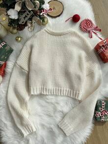 Comfortcana 大码休闲圣诞手工花卉V领落肩长袖纽扣针织开衫 - 米色 - 查看 2