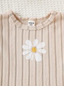 SHEIN Playful Pals 6件套可爱女童春秋季罗纹面料蝴蝶结印花/蝴蝶结满印/纯色玫红色长袖弧形下摆T恤和修身长裤休闲时尚套装 - 紫色 - 查看 4