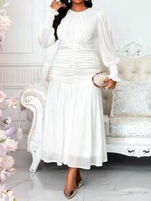 SHEIN Lady CURVE 大码女士优雅纯色褶皱连衣裙 - 白色 - 查看 5