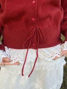 FRIFUL Women's Colorblock Round Neck Long Sleeve Drawstring Hem Bow Cuff Contrast Lace Loose Casual Cardigan, Autumn/Winter - Red - View 4