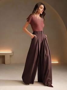 Anewsta Petite Pantalones de oficina de unicolor elegantes para mujer, nuevo diseño de otoño/invierno - Café integral - Ver 3