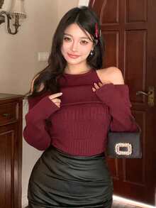 DAZY Damen eleganter Off-Shoulder einfarbiger Pullover, Herbst - Bordeaux - Übersicht 6