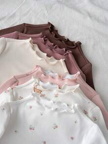 Loomiva 6pcs Baby Girl Floral Print Soft Knit Crew Neck Long Sleeve Ruffle Hem Tops Set - Multicolor - View 9