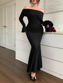 DAZY 优雅亮片露肩鱼尾中长连衣裙，秋季女装 - 黑色 - 查看 9