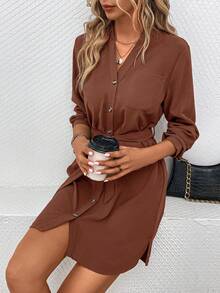 SHEIN LUNE 女士休闲纯色前开襟纽扣连衣裙，秋季款 - 咖啡棕 - 查看 5