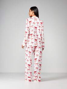 MISSGUIDED Bộ đồ ngủ in nơ tay dài cài nút phía trước cho nữ Bộ đồ ngủ thoải mái cho ngày lễ Giáng sinh - Đỏ - Xem 2