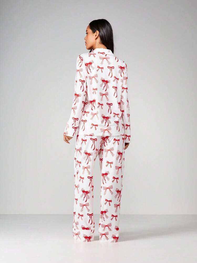 MISSGUIDED Women's Bow Print Pajama Set Long Sleeve Button Front Lounge Sleepwear Christmas Holiday Comfort Nightwear