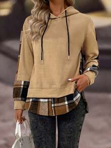 EMERY ROSE 女式格子拼接长袖休闲抽绳连帽运动衫 - 黃色 - 查看 4