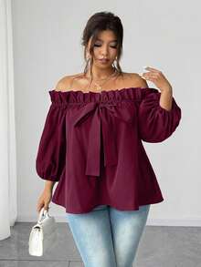 Elenzga 大码性感露肩上衣 - 酒紅色 - 查看 2