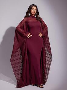 Viva Relle Women Summer Elegant Lace-Patterned Patchwork Bell Sleeve Dress For Burgundy,Winter,Wedding,Christmas,New Year's,Valentine's Day,Parties, Fall - Red - View 6