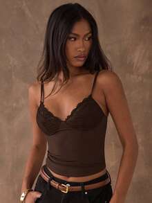 SHEIN BAE 女士纯色蕾丝拼接休闲时尚吊带背心，夏季 - 咖啡棕 - 查看 6