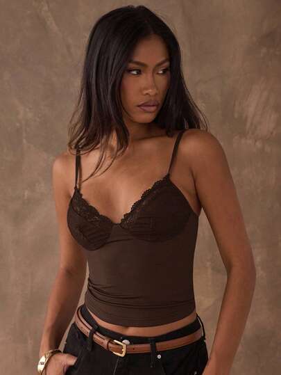 SHEIN BAE חולצה בצבע אחיד עם טלאים תחרה לנשים, קיץ