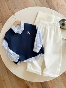 SHEIN 3 Stücke/Set Kleine Jungen Lässig Schulstil Langarm Hemd + ärmellose Weste + Hose mit Gummibund Outfit, geeignet für Herbst/Winter - Verschiedenfarbig - Übersicht 4