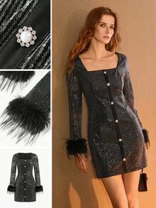 MOTF PREMIUM SEQUIN CONTRAST LACE FAUX FUR COLLAR LONG SLEEVE SHORT DRESS