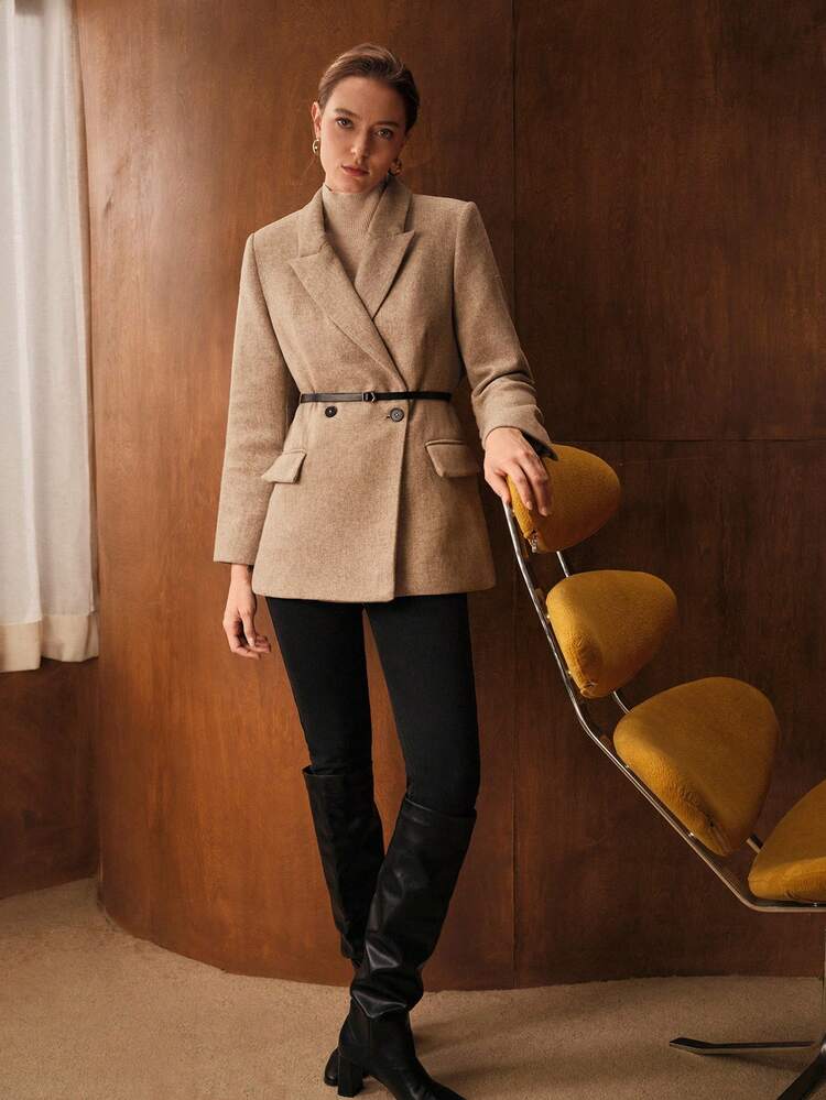 WOOL STRUCTURED PEAK COLLAR DOUBLE BREASTED BLAZER WITH BELT