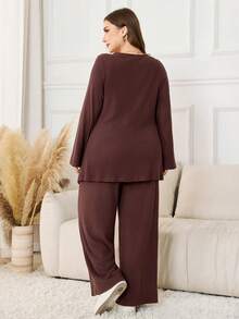 Lacomfia Plus Size Women's Solid Color Single-Breasted Long Sleeve Split Hem Top And Wide Leg Pants Casual 2-Piece Set - Coffee Brown - View 2