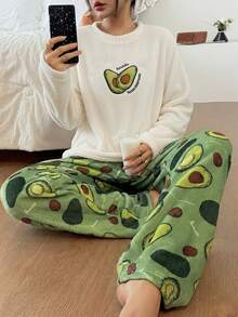 SHEIN 牛油果刺绣蓬松上衣和法兰绒印花长裤女士舒适睡衣套装，冬季服装 - 杏色 - 查看 5