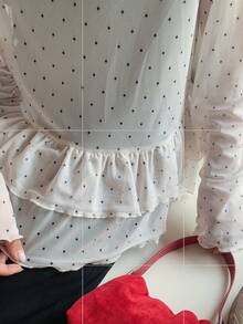 Dazy Plus 时尚波点拼接下摆半透明休闲大码女式衬衫，春秋季长袖女装 - 白色 - 查看 1