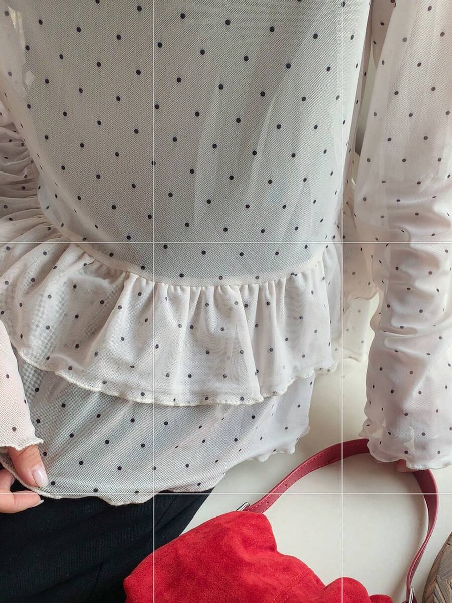 Dazy Plus 时尚波点拼接下摆半透明休闲大码女式衬衫，春秋季长袖女装 - 白色 - 查看 1