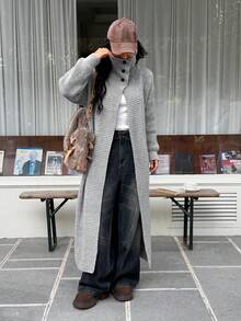 SHEIN EZwear 女士宽松长款纯色翻领开衫毛衣，秋冬款 - 灰色 - 查看 6