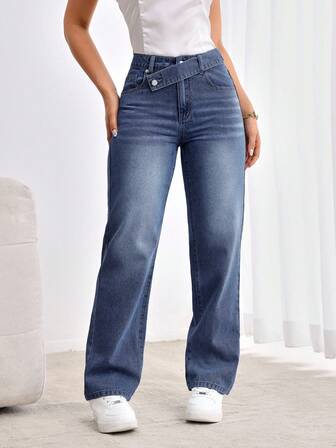 EMERY ROSE Jeans rectos de ajuste holgado con bolsillos asimétricos en la cintura para mujer