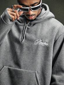 AXEPEAK Men's Drop Shoulder Long Sleeve Half-Zip Casual Loose Fit Hoodie - Grey - View 6