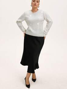 GENKIRA French Crew Neck Sequin Embellished Relaxed Fit Pullover Sweater - White - View 5