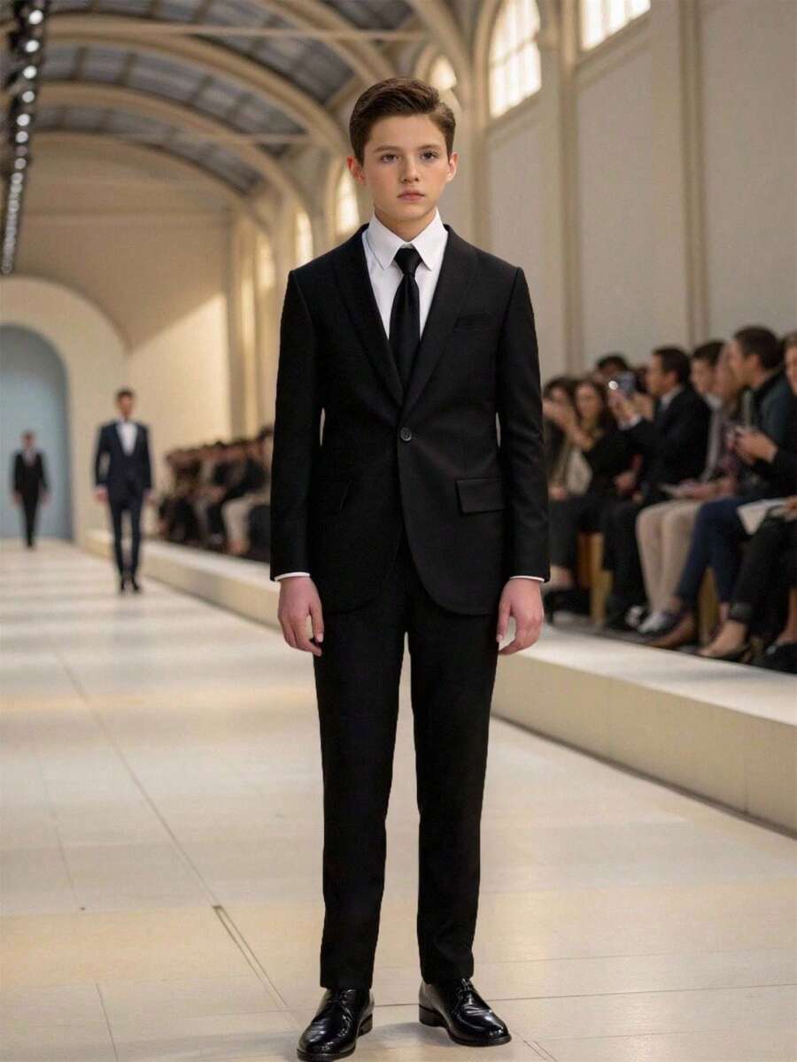 SHEIN 2 件青少年男孩绅士服装套装:长袖夹克 + 长裤,优雅正式礼服,适合生日派对、婚礼、毕业典礼、周年纪念 - 黑色 - 查看 1