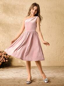 Tween Girls Elegant Velvety Pink Dress With Asymmetric Sequin Cutout Waist Design, Snug Fit - Pink - View 6
