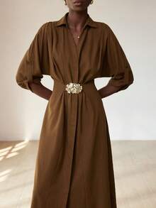 Aveloria Modichic Conception de navetteur, décoration de taille boutonnée, robe ajustée à col V plissé avec manches retroussées à la mode - Marron - Voir 2