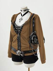 Sunspun Chaqueta con capucha de manga larga con decoración de remaches, estilo oscuro y punk, talla grande - Camel - Ver 3