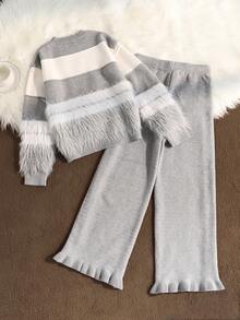 Elladie kids 2 件套女童条纹撞色针织毛衣和荷叶边下摆裤套装，舒适休闲装，适合秋冬 - 灰色 - 查看 2